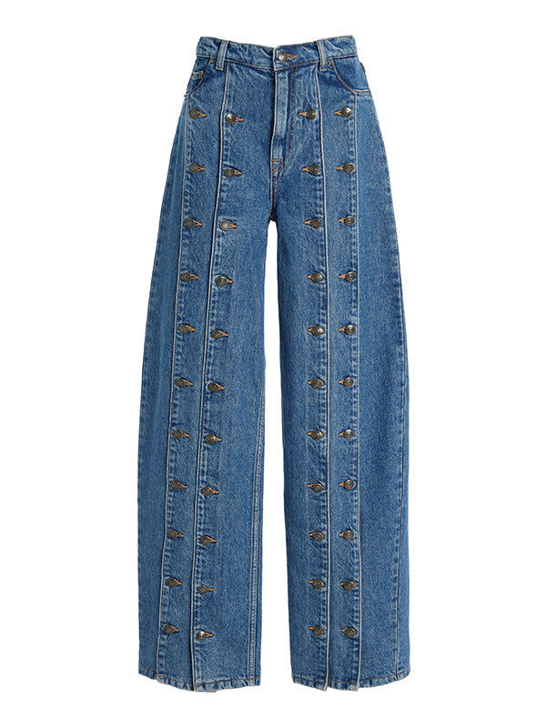 High Waisted Buttoned No Belt Split-Joint Jean Pants Bottoms