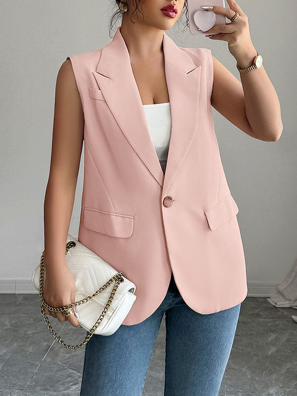 Loose Sleeveless Buttoned Pockets Notched Collar Blazer Vest Top