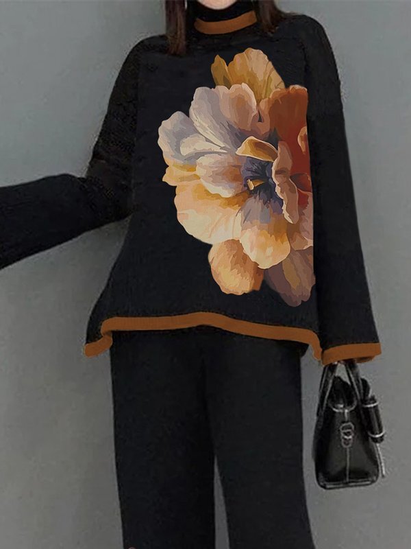 Flared Sleeves Long Sleeves Flower Print Split-Joint Mock Neck T-Shirts Tops
