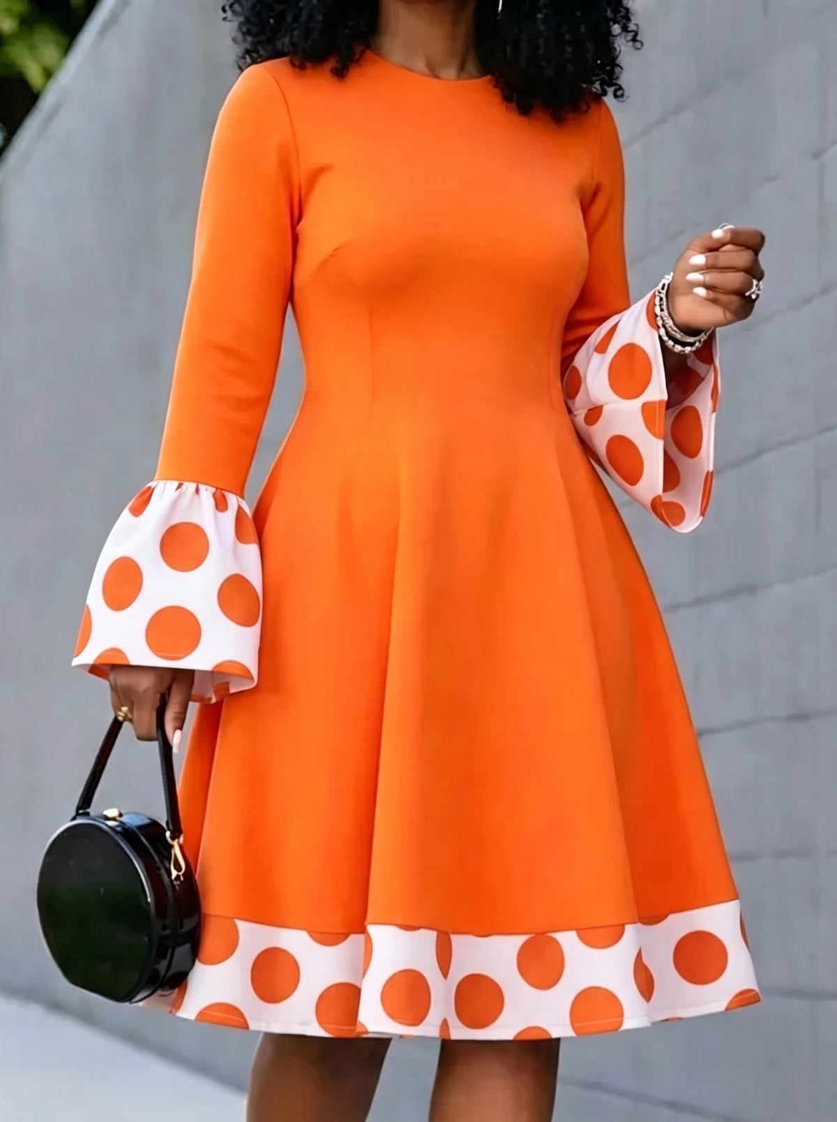 Zipper Split-Joint Polka-Dot Contrast Color Long Sleeves High Waisted Round-neck Midi Dresses