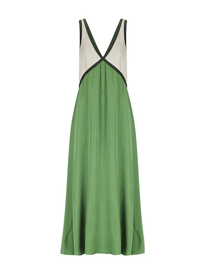 Loose Sleeveless Contrast Color Split-Joint Deep V-Neck Maxi Dresses