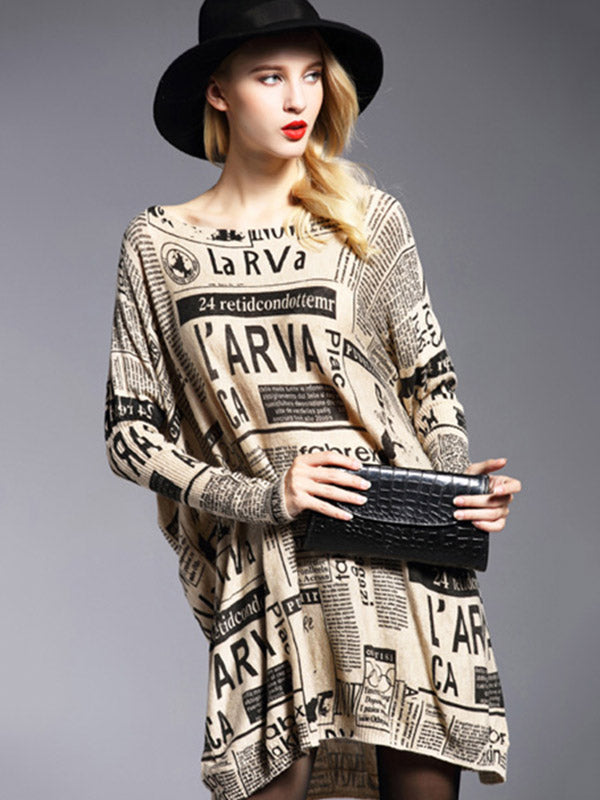 Vintage Loose One-Shoulder Newspaper Printed Split-Joint Sweater