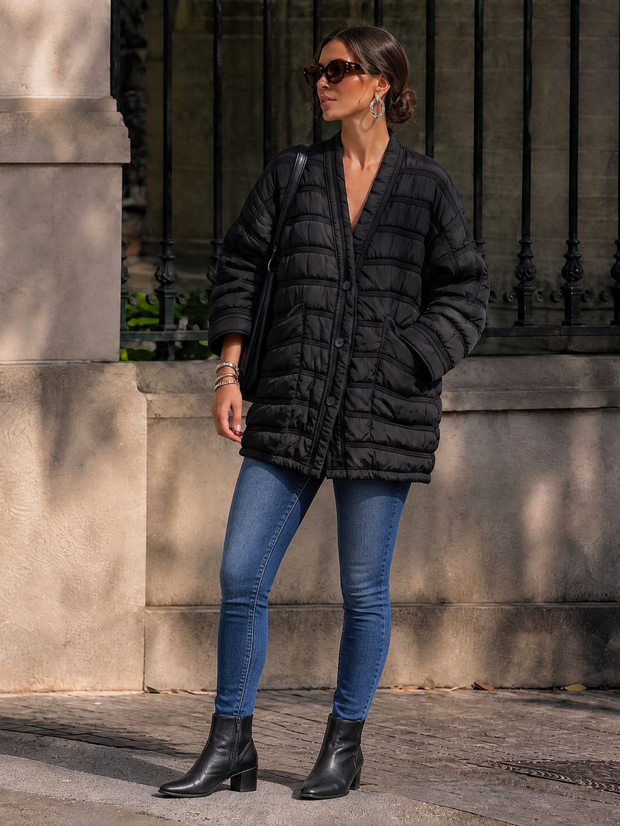 Striped Split-Joint Pockets Pleated Buttoned Loose Long Sleeves V-neck Outerwear Down Coat