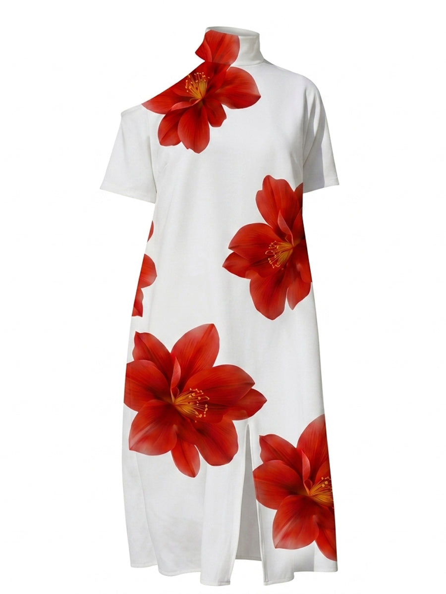 Loose Short Sleeves Asymmetric Flower Print Split-Front High Neck Midi Dresses