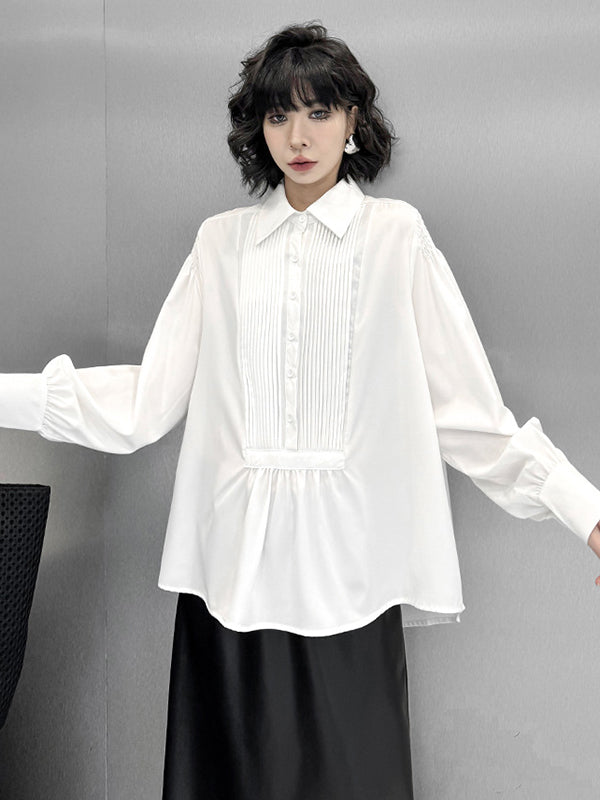 Long Sleeves Loose Buttoned Pleated Solid Color Polo Blouses&Shirts Tops