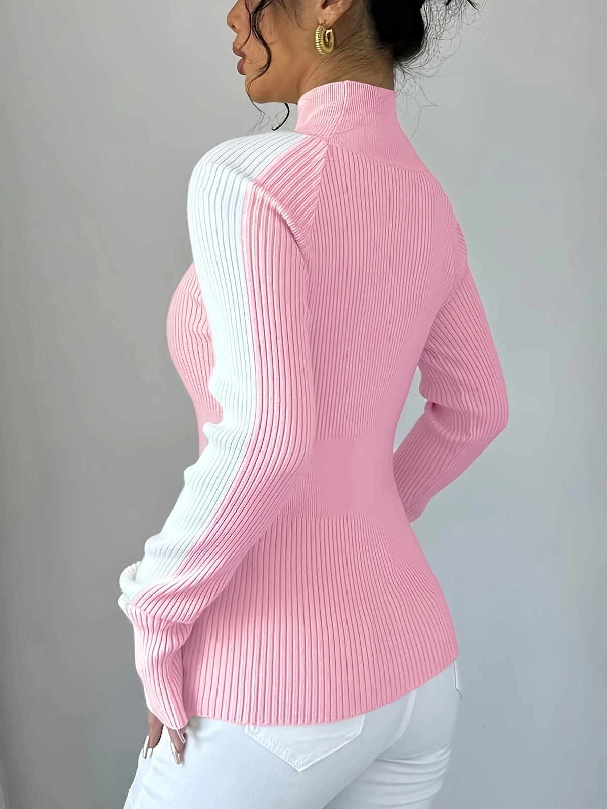 Contrast Color Skinny Long Sleeves High-neck Sweater Tops Pullovers