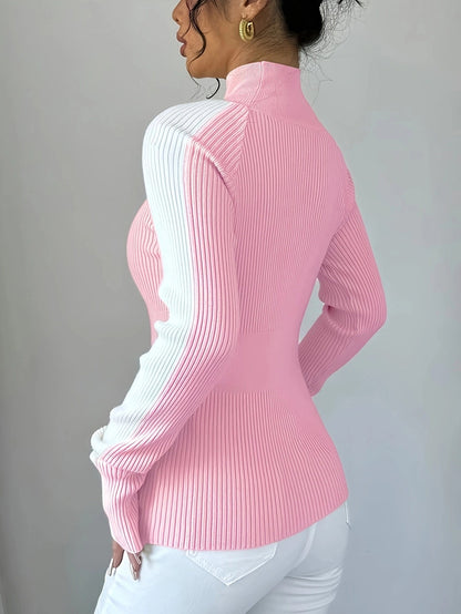 Contrast Color Skinny Long Sleeves High-neck Sweater Tops Pullovers