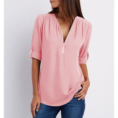 Rosé | Women's Zip-Up V-Neck Half Sleeve Casual Blouse Top