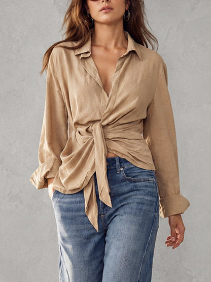 Long Sleeves Loose Buttoned Knot Solid Color Lapel Blouses&Shirts Tops