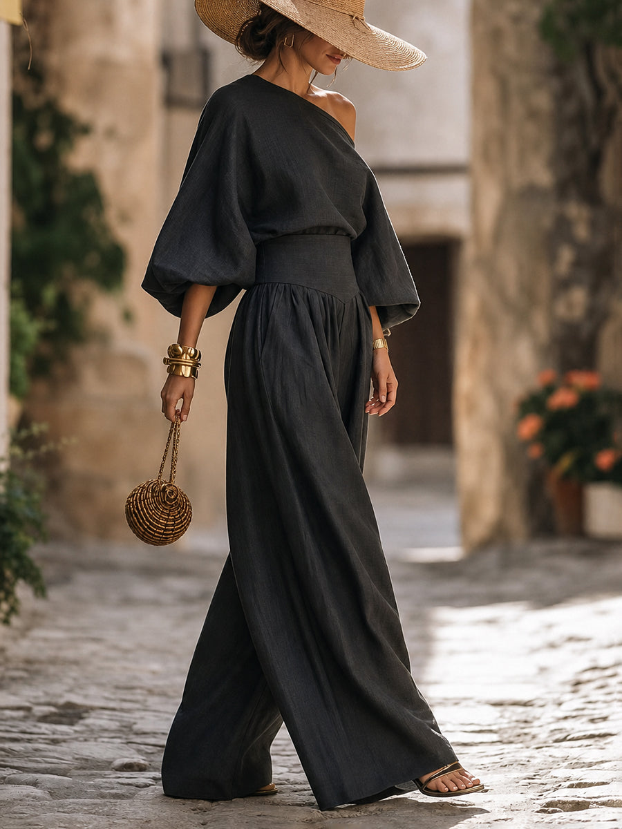 Split-Joint Solid Color Pockets Pleated Wide Leg Loose Trousers Pants