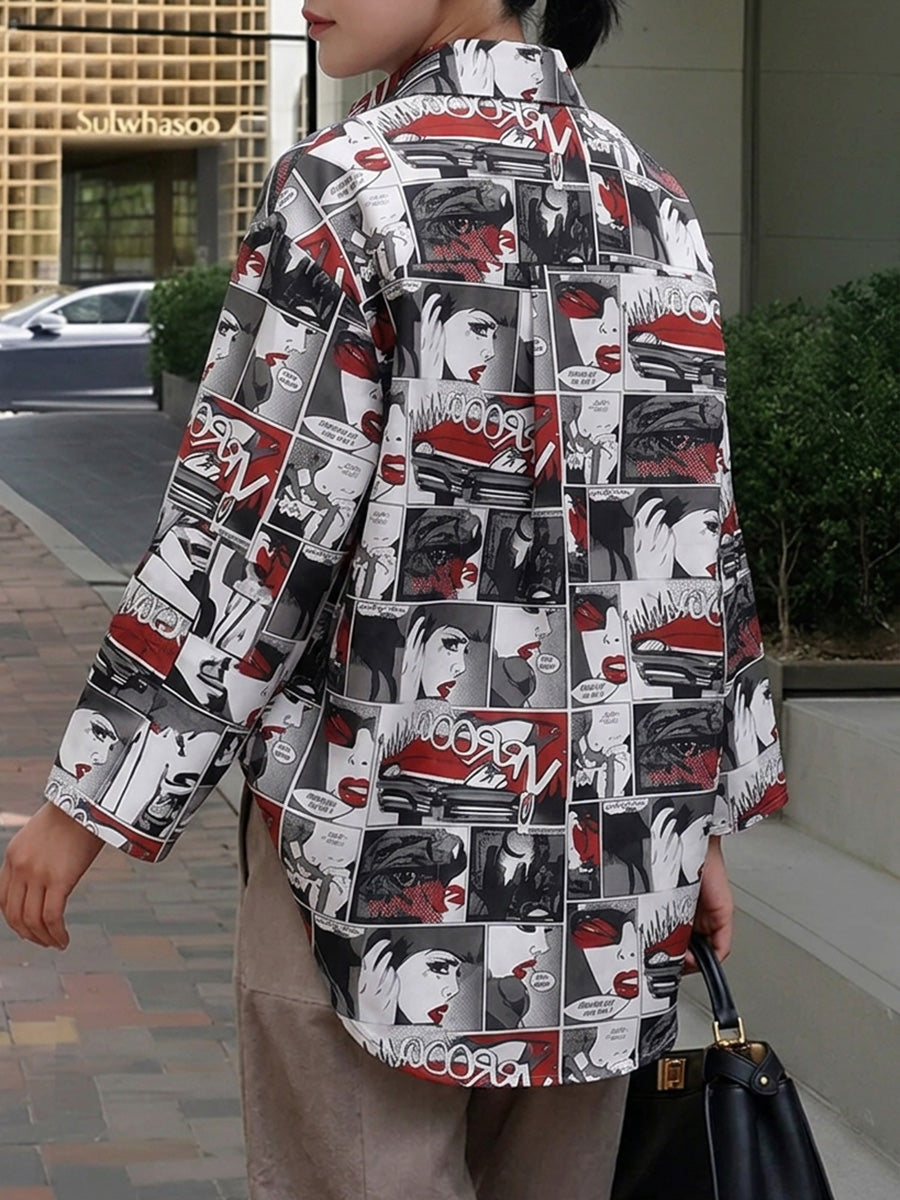 Long Sleeves Loose Buttoned Contrast Color Figure Printed Lapel Blouses&Shirts Tops