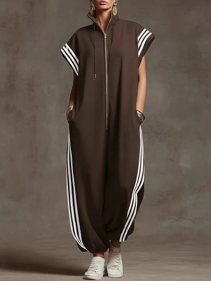 Loose Plus Size Contrast Color Pockets Split-Joint Striped Zipper Stand Collar Jumpsuits Ninth Pants