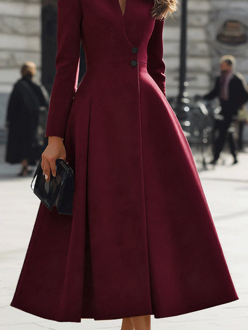 A-Line High Waisted Buttoned Pleated Solid Color Stand Collar Maxi Dresses