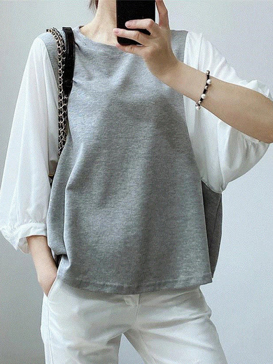 False Two Loose Split-Joint Round-Neck T-Shirts Tops