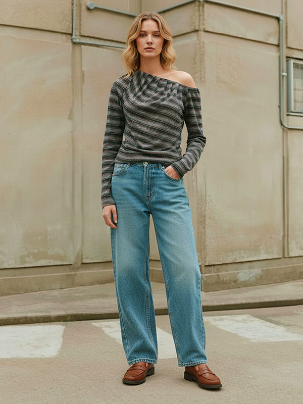 Long Sleeves Skinny Asymmetric Pleated Striped One-Shoulder T-Shirts Tops