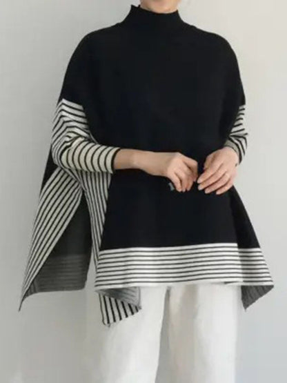 Batwing Sleeves Loose Split-Joint Split-Side Striped High Neck Sweater