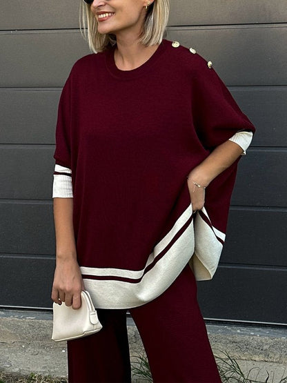 High-Low Long Sleeves Buttoned Split-Side Round-Neck Pullovers Sweater Tops