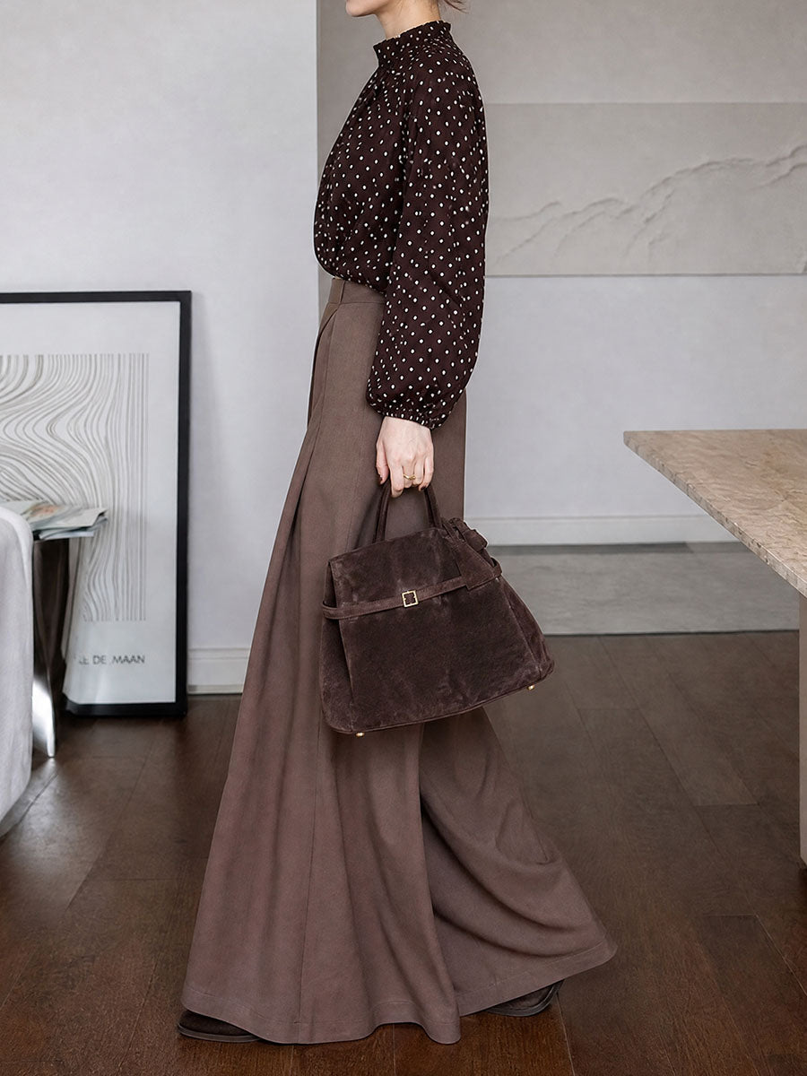 Solid Color Pockets Pleated Wide Leg High Waisted Trousers Pants