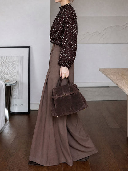 Solid Color Pockets Pleated Wide Leg High Waisted Trousers Pants