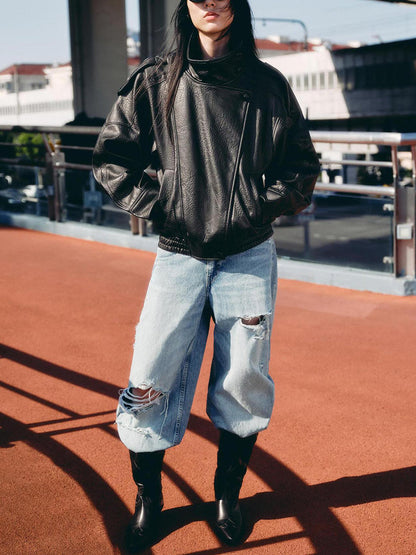 Zipper Split-Joint Solid Color Pockets Elasticity Buttoned Asymmetric Long Sleeves Stand Collar Outerwear Jackets