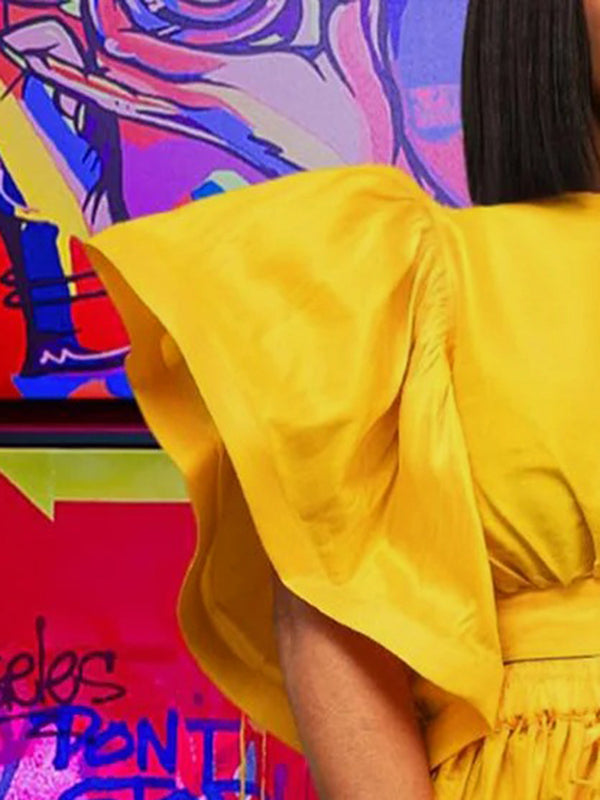 Flying Sleeves Loose Pleated Solid Color Split-Joint Round-Neck Blouses&Shirts Tops