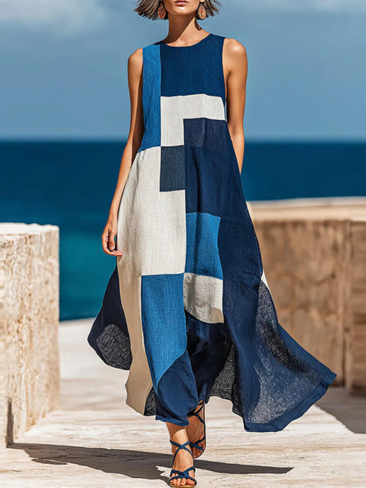 A-Line Loose Contrast Color Pockets Split-Joint Round-Neck Maxi Dresses