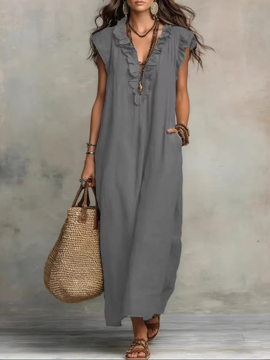 Loose Plus Size Pockets Ruffle Trim Solid Color V-Neck Maxi Dresses