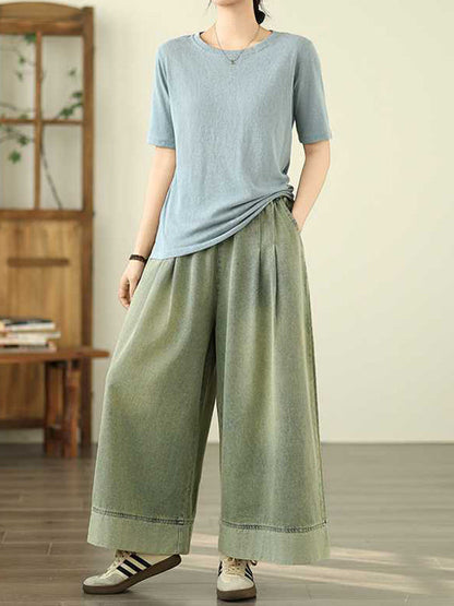 Loose Wide Leg Elasticity Pleated Pockets Jean Pants Bottoms Trousers