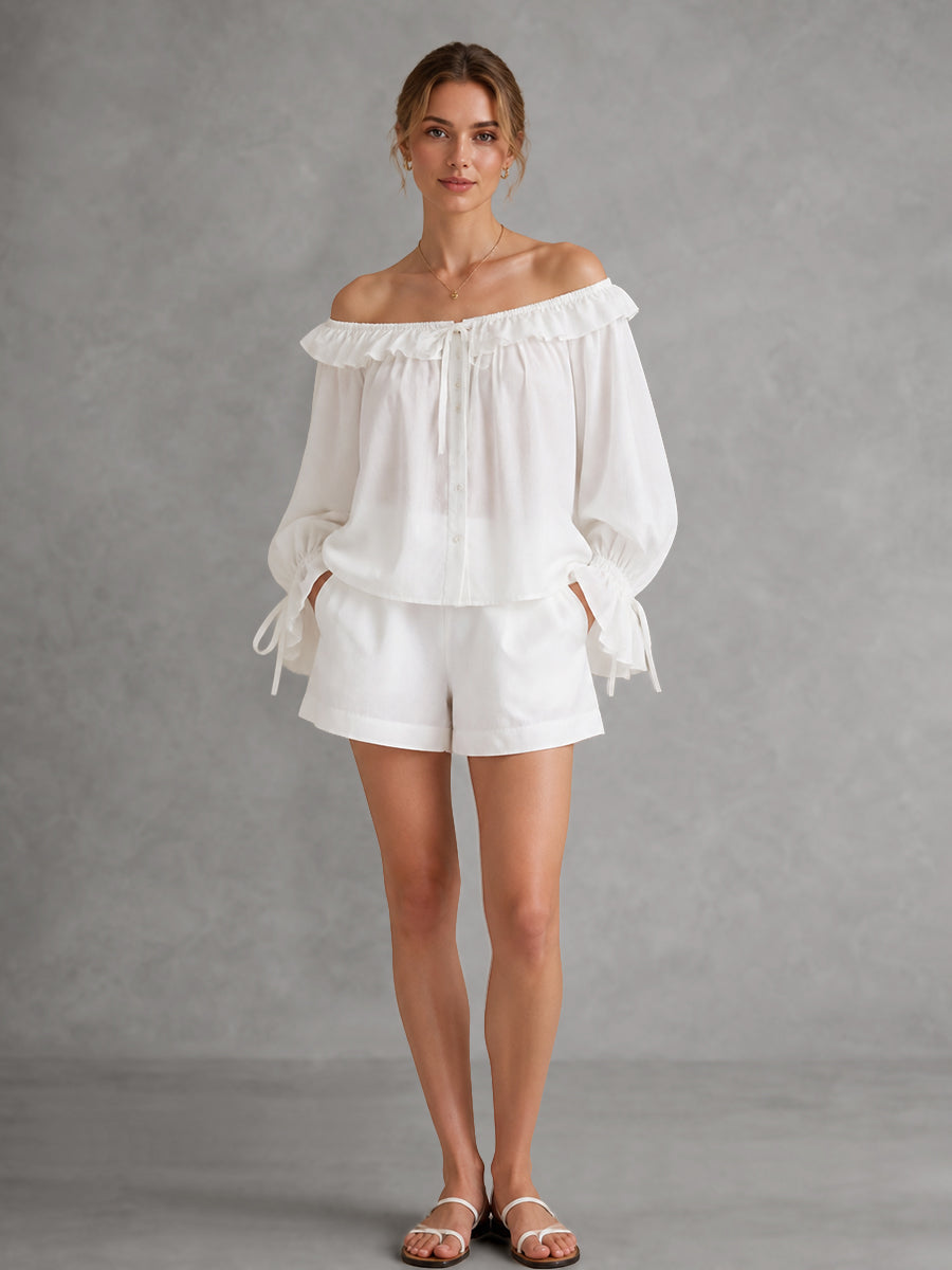 Solid Color See-Through Ruffle Trim Elasticity Drawstring Buttoned Loose Long Sleeves Off-the-shoulder Blouses&shirts Tops