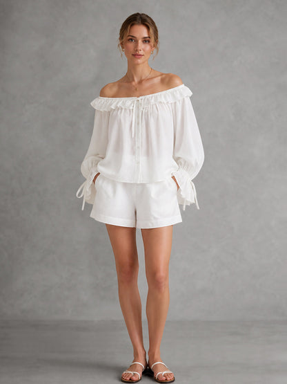 Solid Color See-Through Ruffle Trim Elasticity Drawstring Buttoned Loose Long Sleeves Off-the-shoulder Blouses&shirts Tops