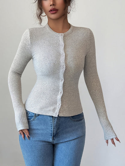 Long Sleeves Skinny Buttoned Solid Color Round-Neck Cardigan Tops