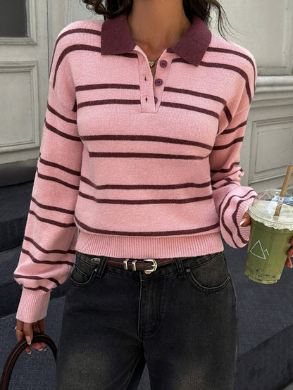 Striped Buttoned Loose Long Sleeves Lapel Sweater Tops Pullovers