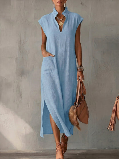 Loose Sleeveless Pockets Ruffle Trim Solid Color Split-Side Stand Collar Midi Dresses