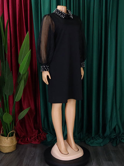 Puff Sleeves Beads Mesh Solid Color Split-Joint Round-neck Midi Dresses