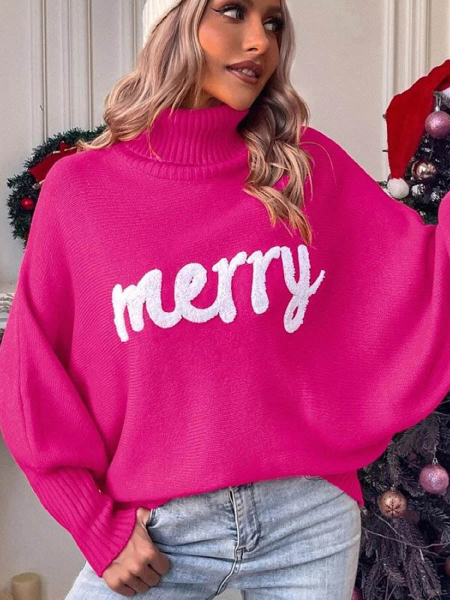 Long Sleeves Loose Contrast Color Printed Split-Joint High Neck Sweater Tops