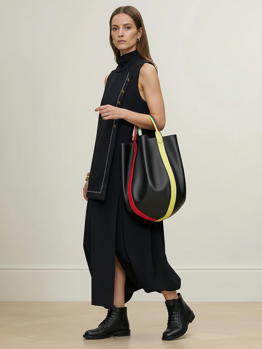 Irregularity Loose Asymmetric Buttoned Contrast Color Layered Line Split-Joint Split-Side Half Turtleneck Maxi Dresses