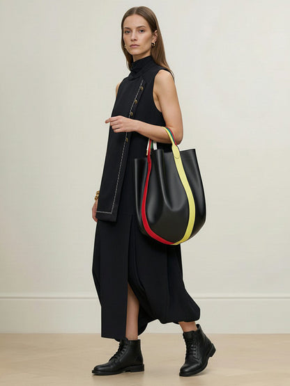 Irregularity Loose Asymmetric Buttoned Contrast Color Layered Line Split-Joint Split-Side Half Turtleneck Maxi Dresses