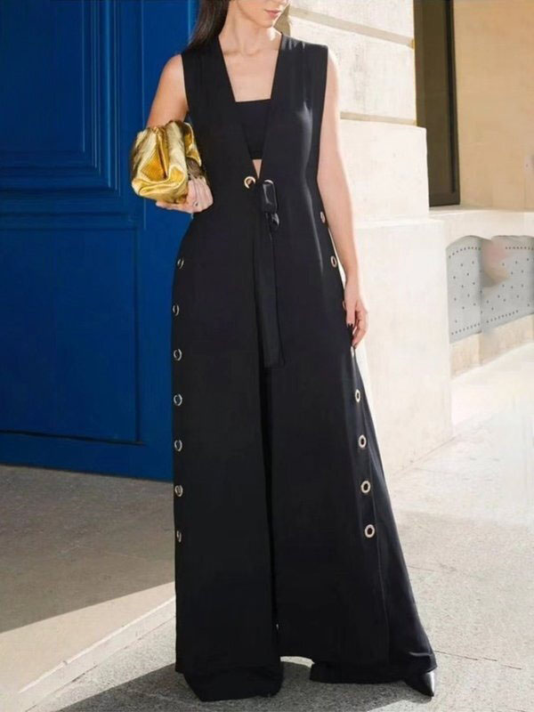 Loose Sleeveless Hollow Split-Joint Split-Side Streamer Deep V-Neck Vest Outerwear