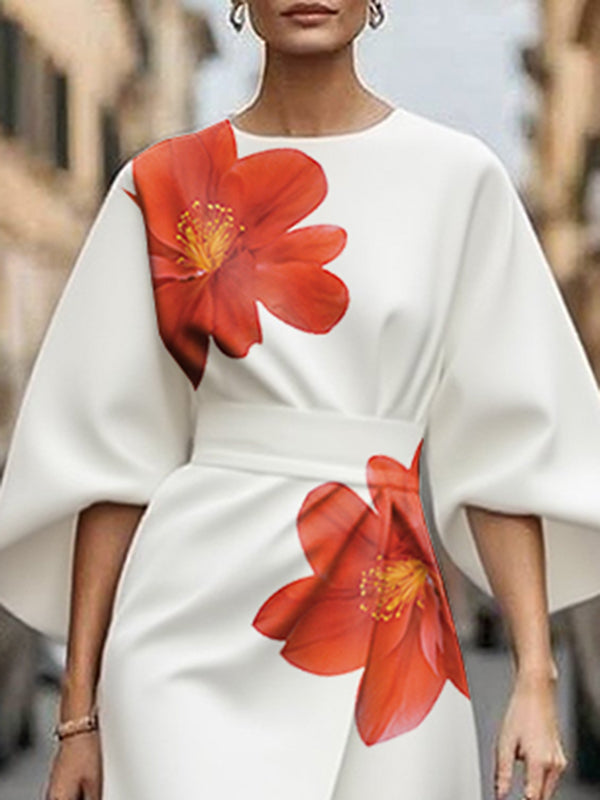 Robes mi-longues asymétriques à imprimé floral, manches trois-quarts, col rond et fente 