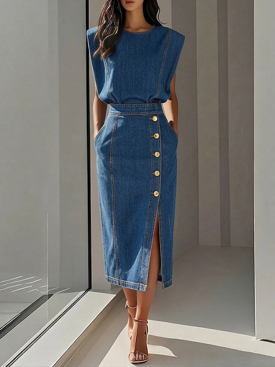 Bodycon High Waisted Buttoned Pockets Solid Color Round-Neck Top + Skirt Bottom Suits