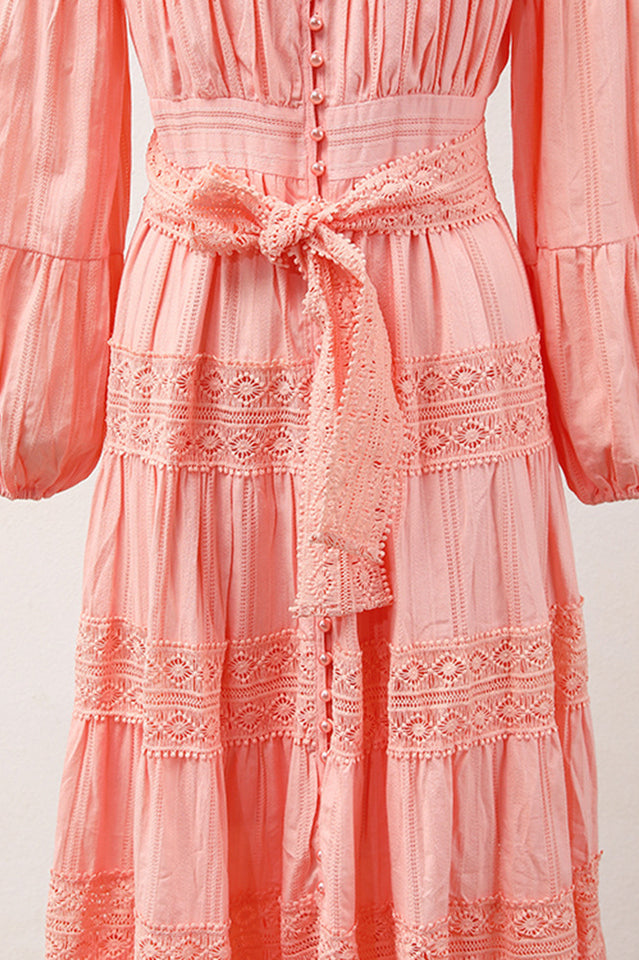 Sabina Stand Collar Lace Trim Maxi Dress