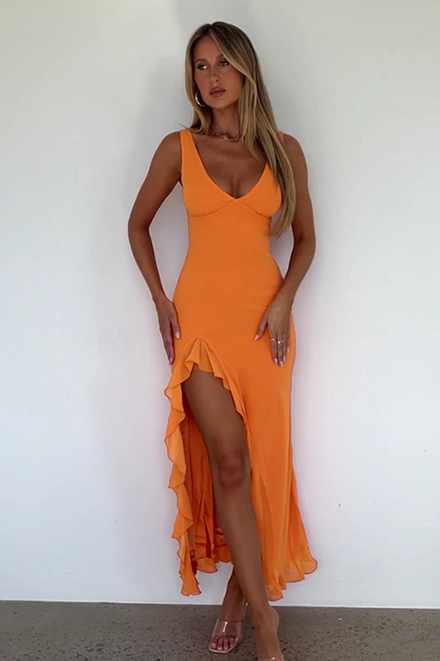 V-Neck Ruffle Hem Slit Dress