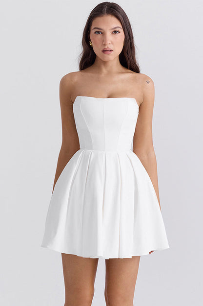 Emmanuela Tomato Strapless Pleated Mini Dress White