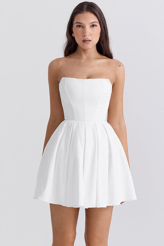 Emmanuela Tomato Strapless Pleated Mini Dress White