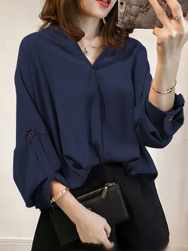 Casual Long Sleeves Loose Solid Color V-Neck Blouses&Shirts Tops