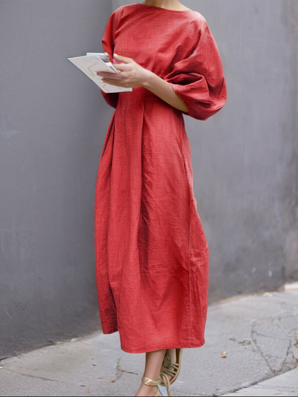 Half Sleeves Loose Solid Color Round-neck Maxi Dresses RED