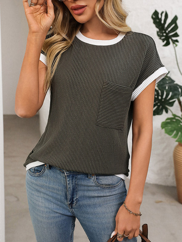 Loose Short Sleeves Colorful Contrast Color Pockets Round-neck T-Shirts Tops