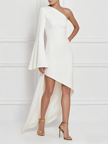 Robe longue asymétrique à manches longues et col asymétrique, couleur unie 