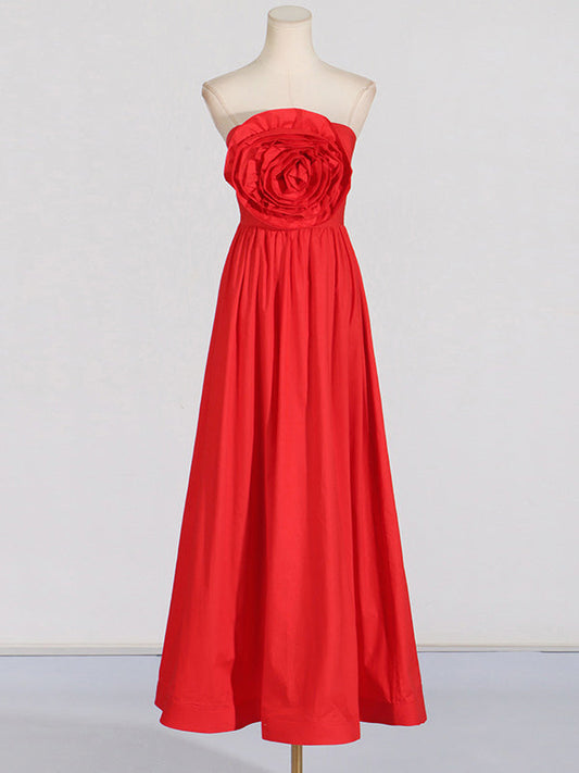 High Waisted Loose Pleated Solid Color Split-Joint Three-Dimensional Flower Zipper Tube Maxi Dresses