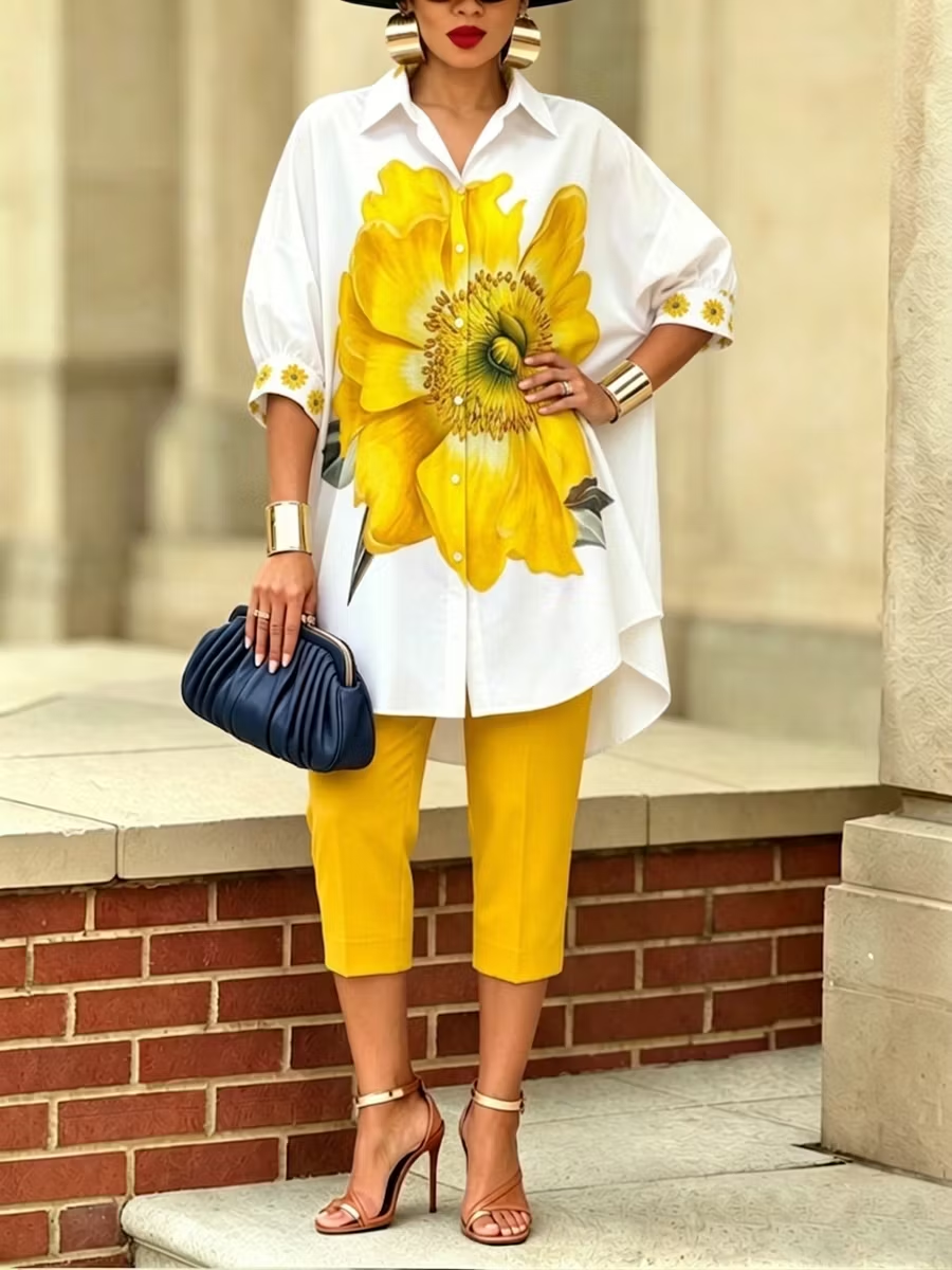 Half Sleeves Loose Buttoned Flower Print Lapel Blouses&Shirts Tops